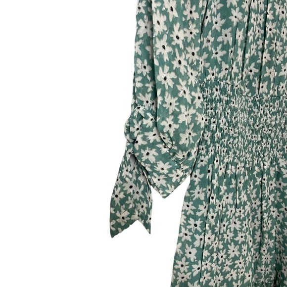 Rebecca Taylor Floral Silk Dress Smocked Waist Metallic Accents Green Size Small - Picture 3 of 10